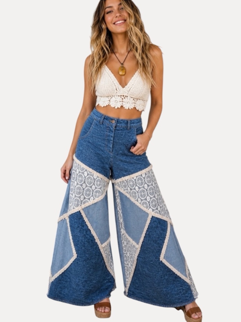 Earthbound Trading Co Patchwork Wide Leg Pants Boho Lace Denim Jeans Size L